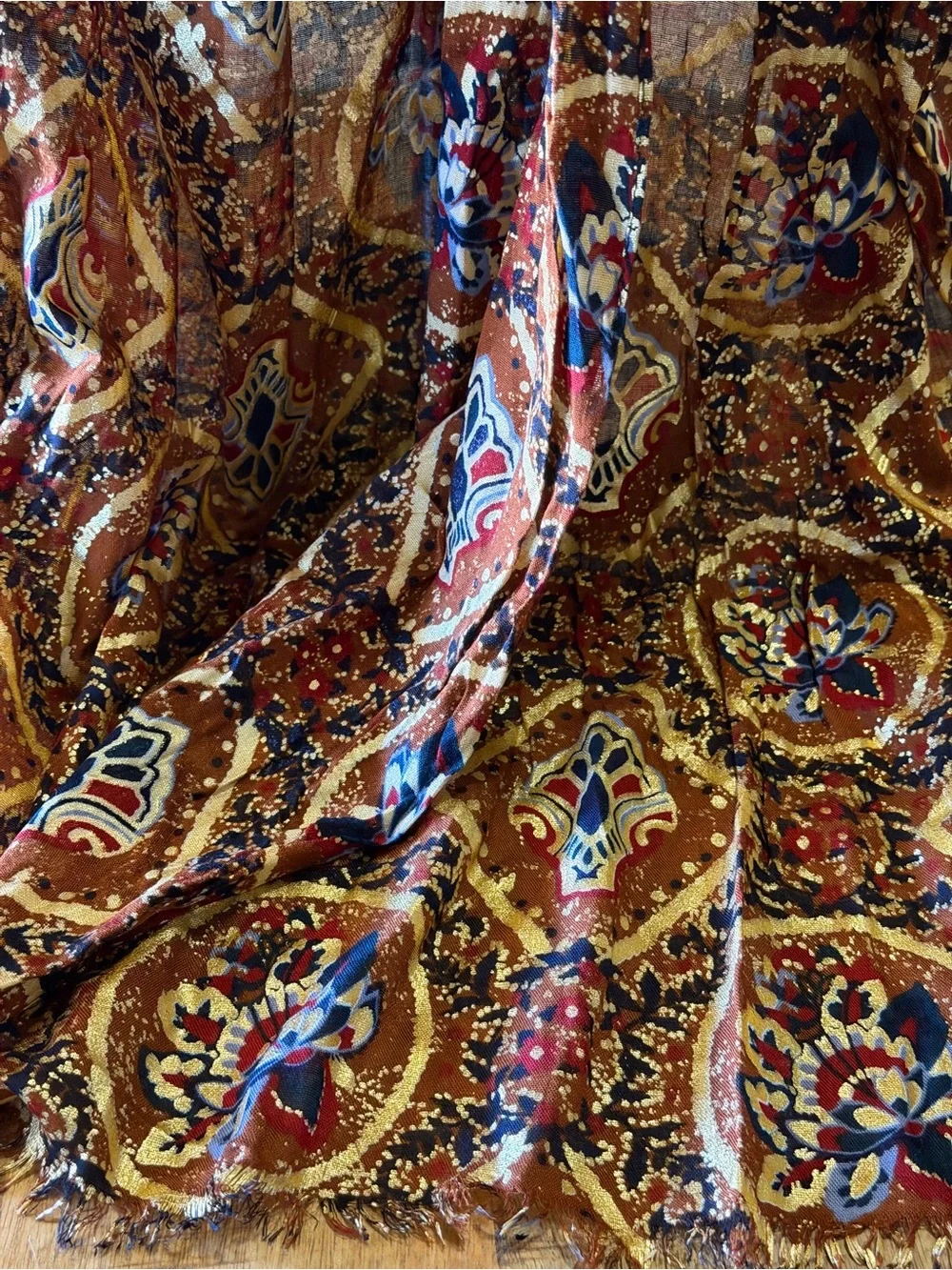 Patricia Nash Scarf Wrap Brown Metallic Gold Medallion Floral 100 Viscose NWOT